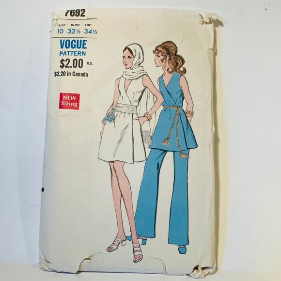 1960s Wrap Dress Tunic Pants Stole Vogue 7692 Size 10 B 32.5 Uncut - Picture 1 of 7